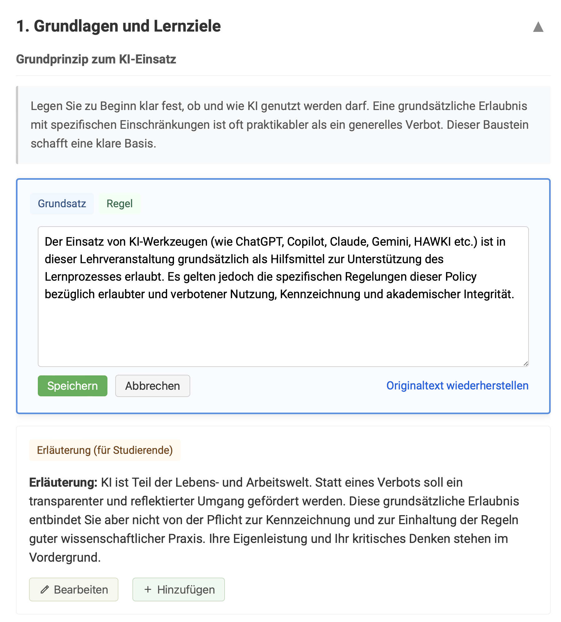 Webinterface des KI-Policy-Generators mit Textbausteinen und Vorschau