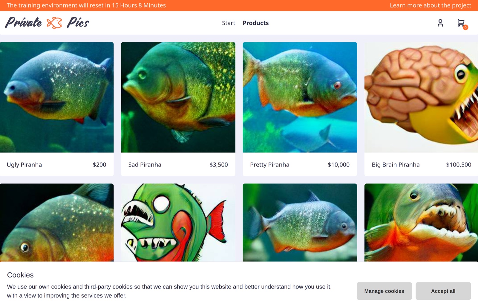 Screenshot der Privacy Range: fiktiver Online-Shop „Private Pics“ mit Piranha-Bildern als Produkten und einem Cookie-Banner ohne Ablehnen-Button