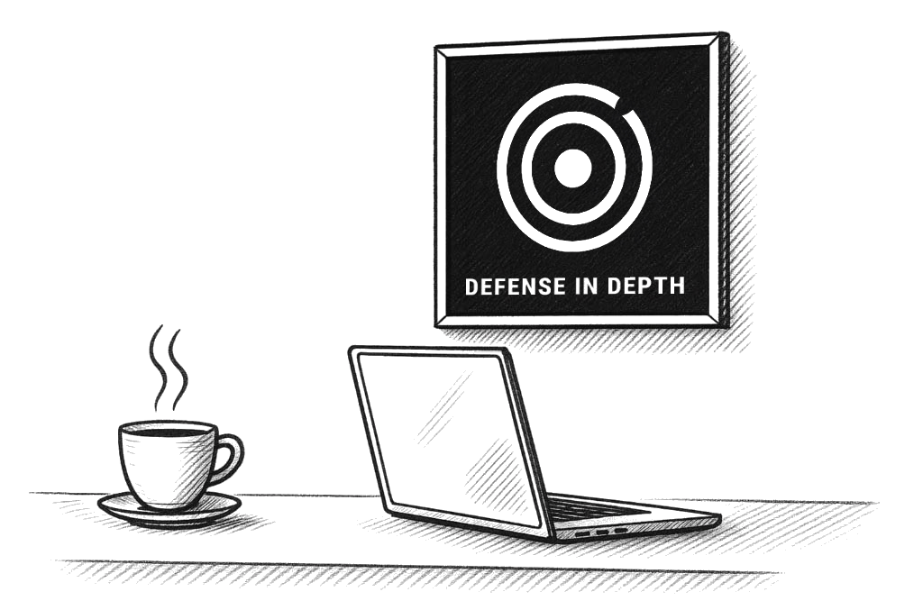 Sketch eines Arbeitsplatzes mit Laptop, Kaffee und Defense-in-Depth-Poster